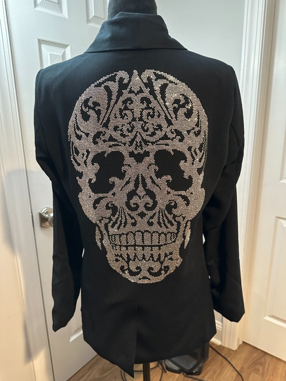 Vintage Havana Upcycled Black Blazer with Rhinestone Skull and Stars (S)